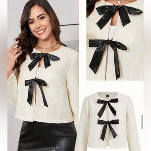 Chic Cream Jacket with Black Bow Accents
